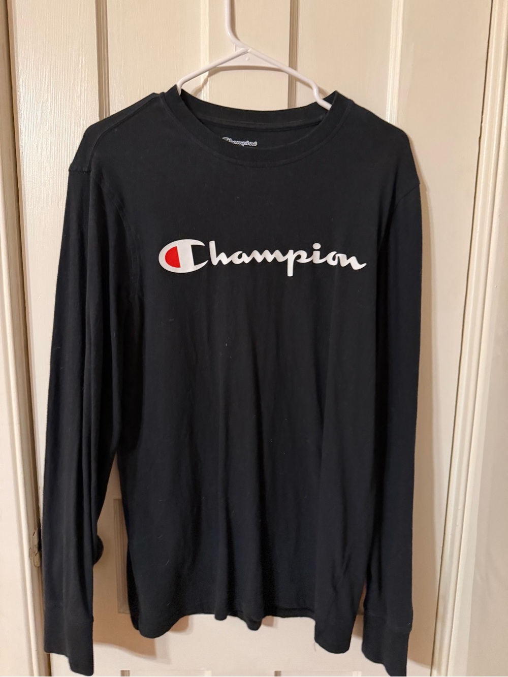 Champion Black Long Sleeve Tee with White Logo and Red Accent